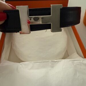 Hermes Black Leather Belt with Silver Buckle